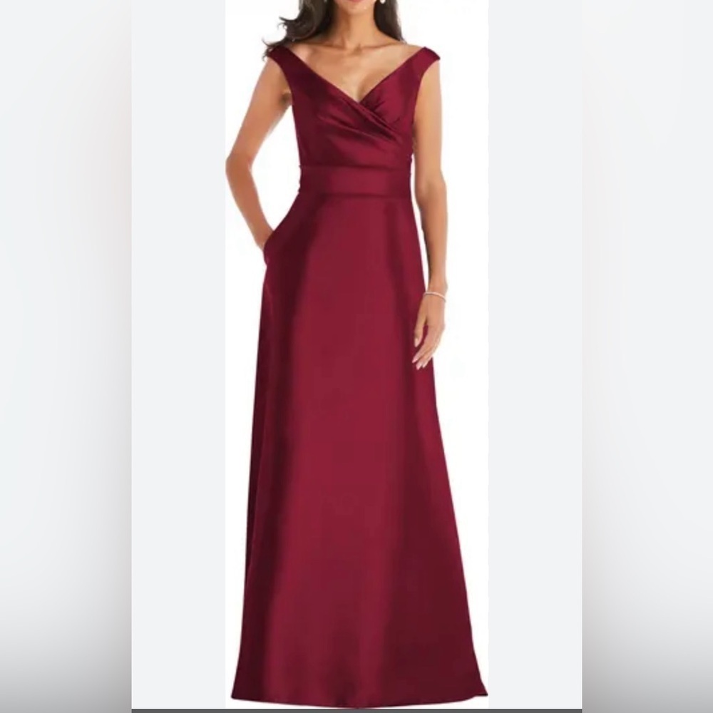 NWT Alfred Sung Off the Shoulder Satin Gown in Burgundy, size 4R